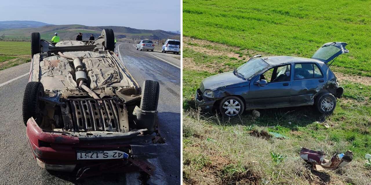 Konya’da feci kaza! Biri şarampole uçtu, diğeri takla attı